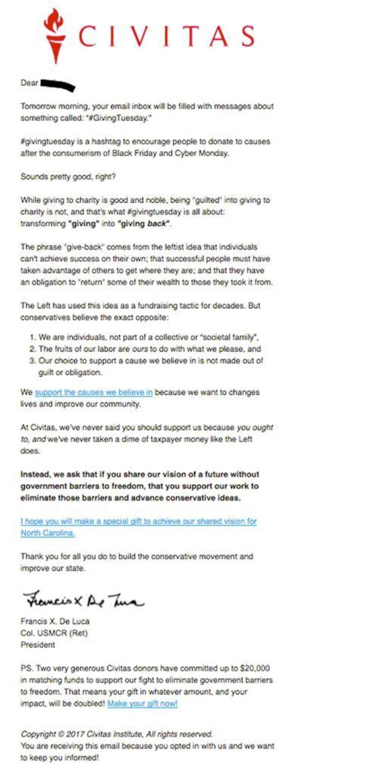 Francis De Luca, president of the Civitas Institute, emailed this newsletter to potential donors on Nov. 27, 2017. He decried the “guilt” associated with “Giving Tuesday.”