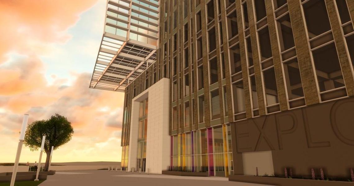 A rendering of the “energy positive building” that will be built at 120 Kindley St., near the Duke Energy Center for the Performing Arts. The building will house Exploris elementary and middle school students as well as offices for other companies.