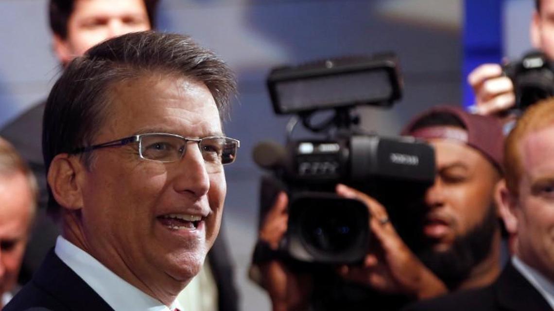 Former North Carolina Gov. Pat McCrory talks with reporters at the end of a debate at WRAL studios in Raleigh NC on Oct. 18, 2016. In November 2017, he started his own company: 74Leadership, Inc.