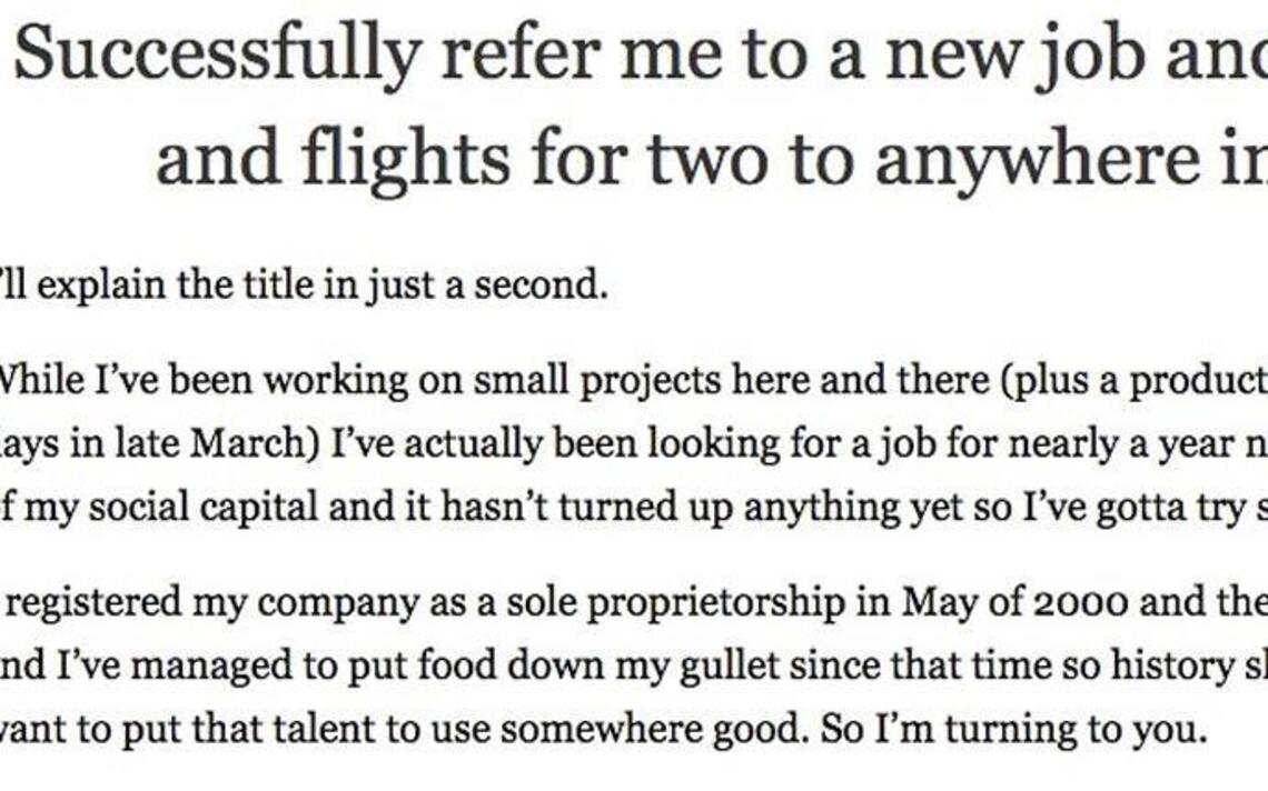 Job-hunter promises $10,000 and 2 plane tickets to anyone who lands him a good gig