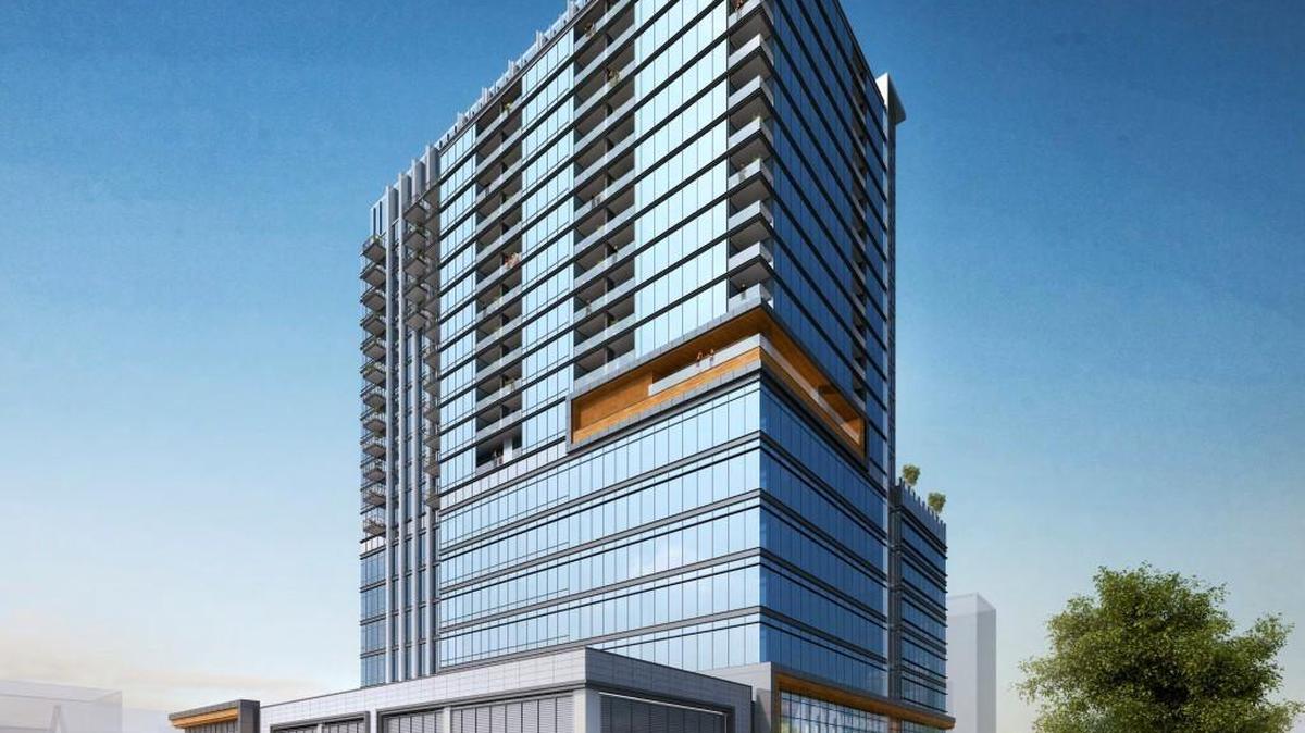 A street view of the new planned highrise 400H, as seen from the corner of Hillsborough and West streets in downtown Raleigh.