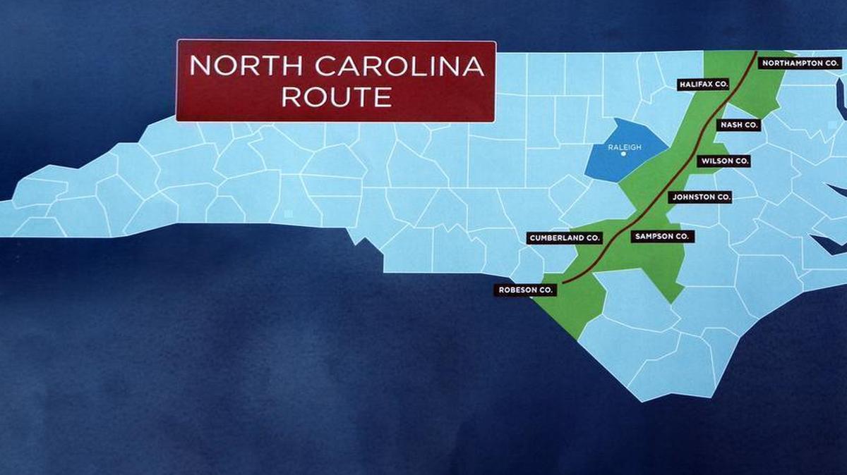 A map shows the route the proposed natural gas Atlantic Coast Pipeline would take through North Carolina.