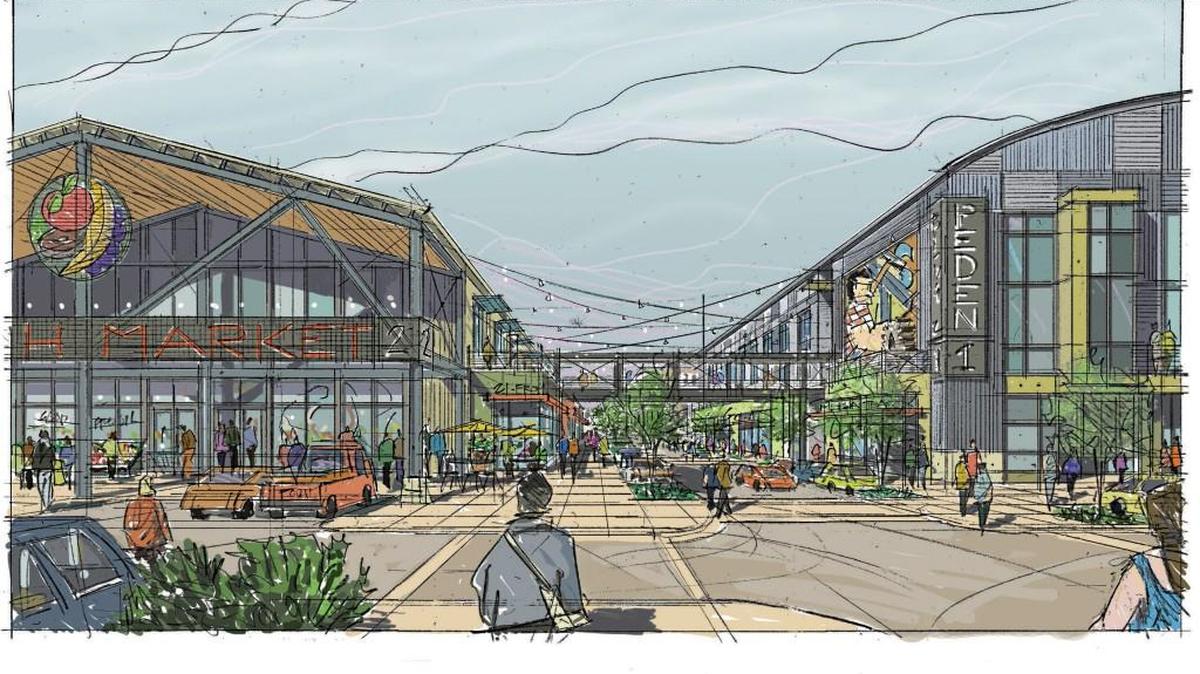 A rendering of Grubb Ventures plans for the Peden Steel warehouse site off Atlantic Avenue in Raleigh.