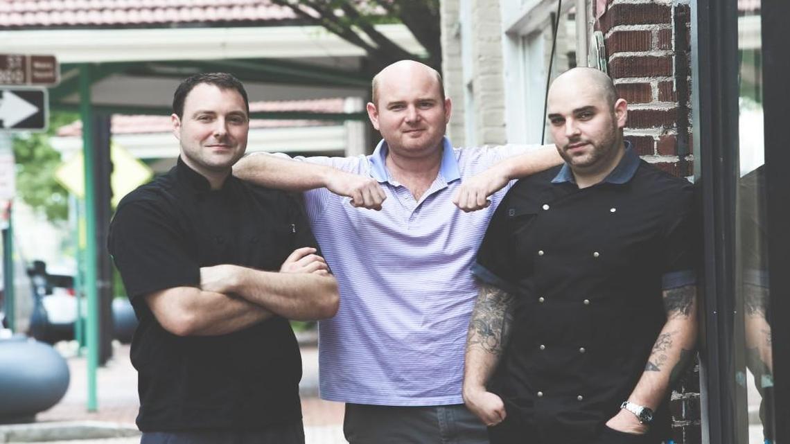 From left, baker Jesse Bardyn, developer Will Jeffers and chef Jeff Seizer are all partners in Royale, opening this fall in the former Battistella’s space in downtown Raleigh.