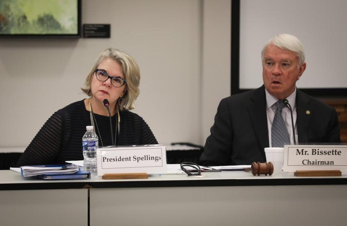 UNC System President Margaret Spellings and Board of Governors member Lou Bissette.