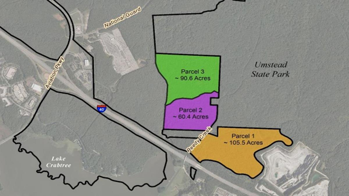 The Raleigh-Durham Airport Authority has put these three pieces of land, totaling about 256 acres, up for lease.