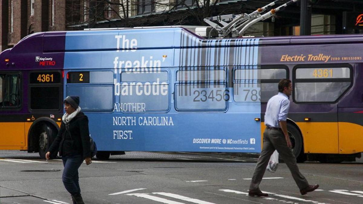 One of the Seattle buses carrying an advertising campaign for North Carolina’s bid to land Amazon’s second headquarters. This one notes the bar code was invented here.