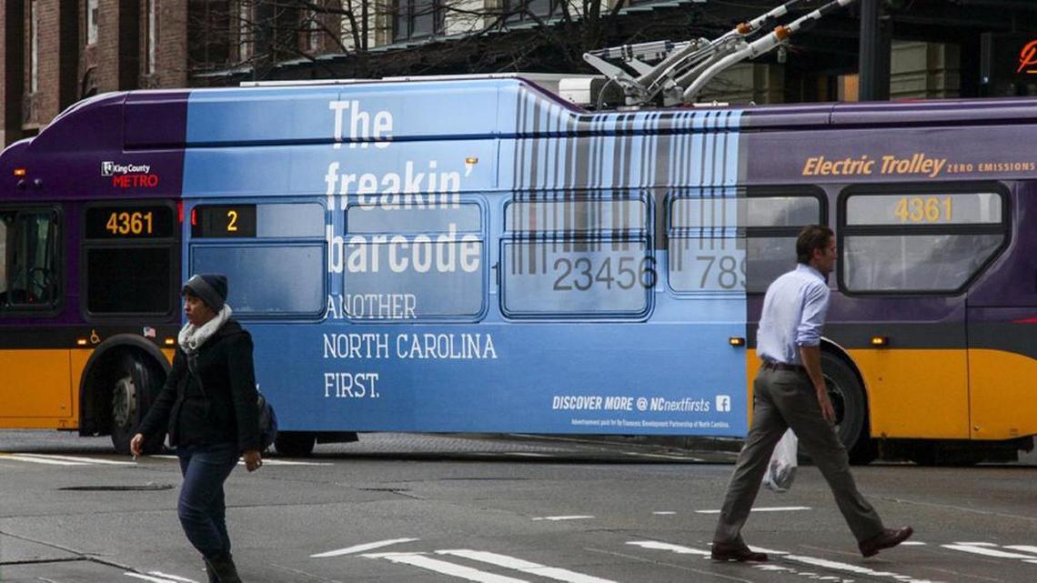One of the Seattle buses carrying an advertising campaign for North Carolina’s bid to land Amazon’s second headquarters. This one notes the bar code was invented here.