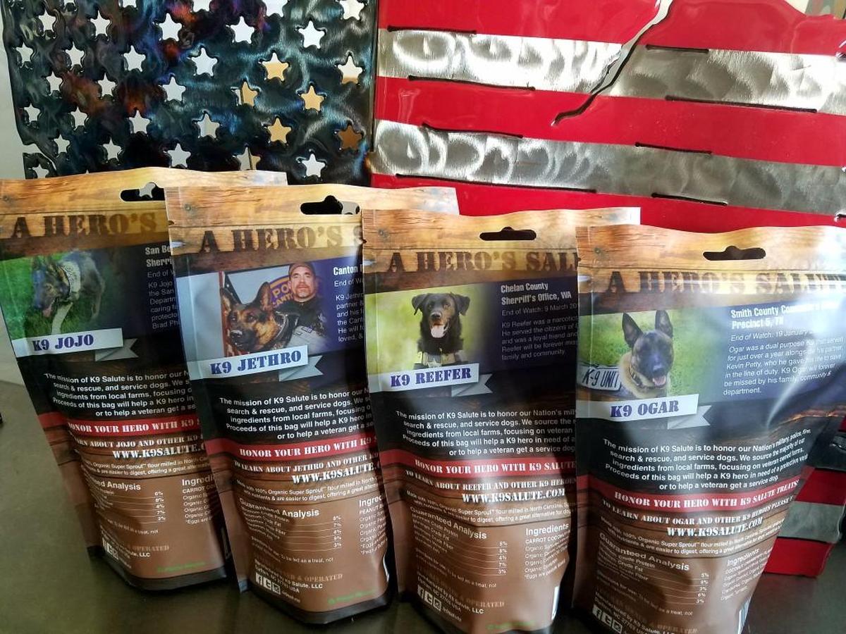 Each bag of K9 Salute treats features a tribute to a fallen K9 hero on the back. Owner Jessica Harris reached out to police departments that had recently lost K9s to get their permission to feature the dogs.