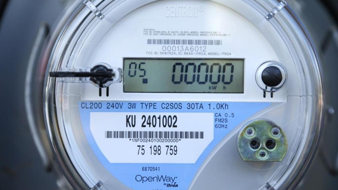 A utility smart meter has a digital display and gives customers detailed information through a website about their electricity usage.