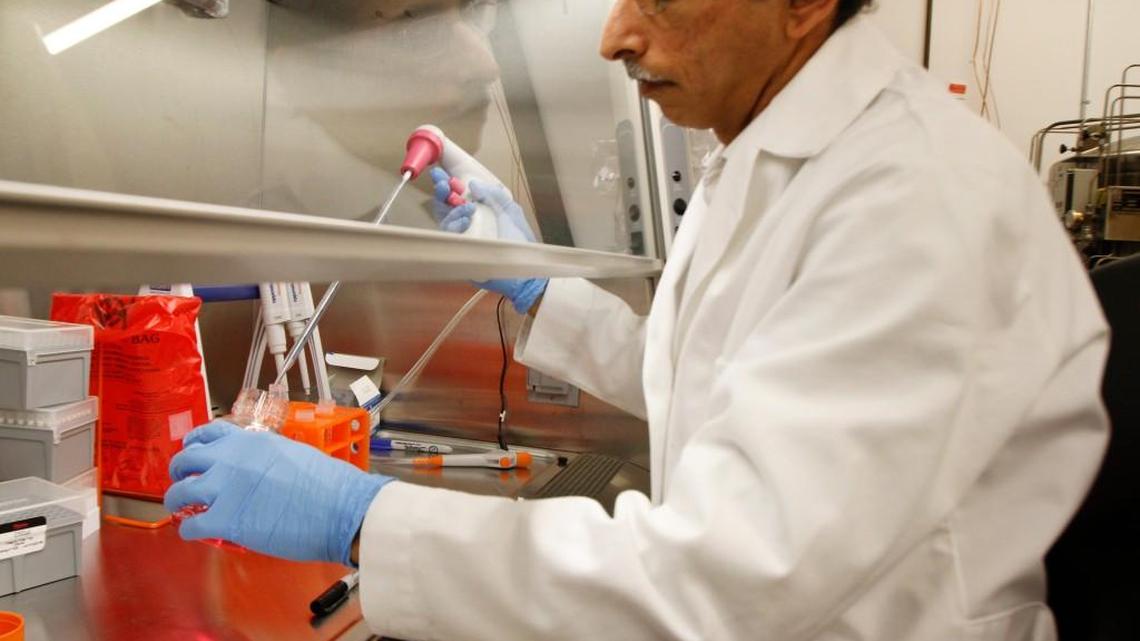 Chimerix cell biologist Phiroze Sethna draws samples to help him begin to grow and study new cells in his anti-viral research in 2011. Chimerix’s value has plummeted from $2.5 billion last summer to $180 million last week, forcing Chimerix to shed about a quarter of its workforce – about 40 employees – in a bid to stretch its budget.