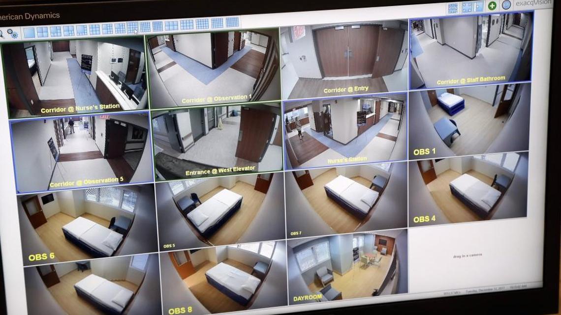 UNC Rex Health Care area for psychiatric patients near the ER. The rooms are under 24-hour surveillance. This monitor in the nurses station shows all the rooms and areas in the unit.