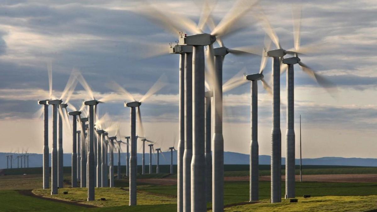 A wind farm sits on a bluff above Wallula in southern Washington state near the Columbia River in 2010.
