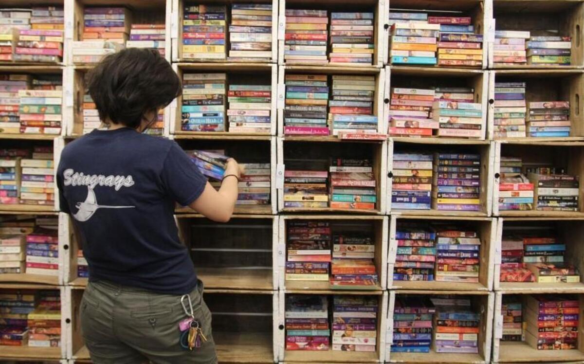 In this 2015 photo, a music manager at Edward McKay Used Books & More organizes a wall of romance novels. The Raleigh store has closed.