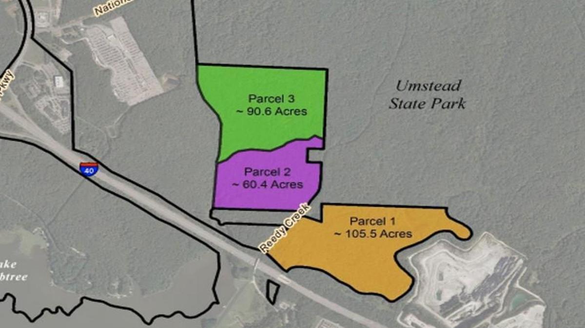 The Raleigh-Durham Airport Authority has put these three pieces of land, totaling about 256 acres, up for lease.