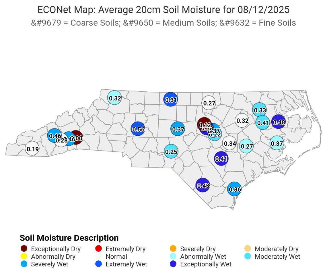 Soil at the Lake Wheeler Road Field Lab in Raleigh was “exceptionally wet” on Tuesday, Aug. 12. Soil there has remained at least “abnormally wet” so far in August.
