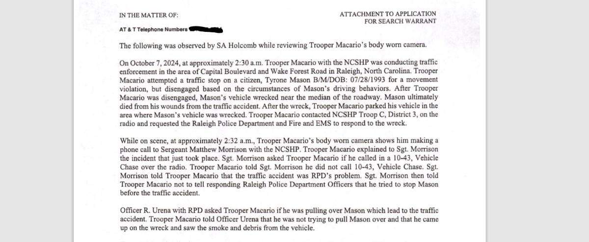 A section of a Jan. 24 search warrant sought by an State Bureau of Investigation special agent investigating an obstruction of justice charge against a North Carolina state trooper.