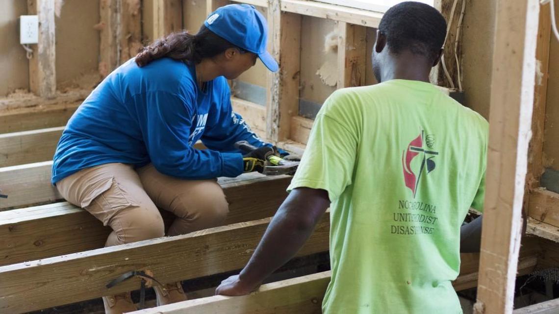 Volunteers from Islamic Relief USA and the N.C. Conference of the United Methodist Church work on a “muck-out” in Princeville, N.C., in July 2017. The organizations hope to bring some 250 volunteers to the Princeville-East Tarboro area between August and December 2017 to rebuild homes destroyed by Hurricane Matthew flooding.
