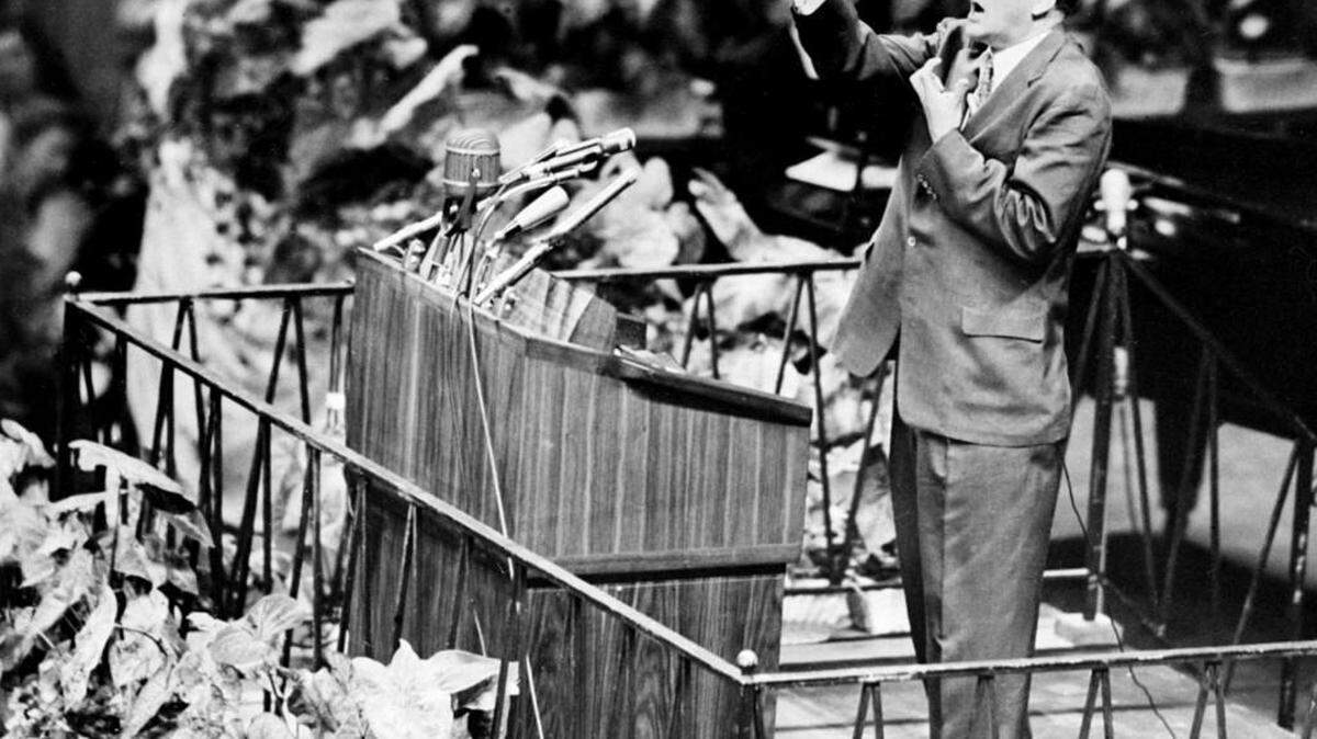 
Billy Graham, the American evangelist, preaches in May 1957 in Madison Square Garden in New York. Graham, attended Florida Bible Institute and was ordained a Southern Baptist minister in 1939 and quickly gained a reputation as a preacher. During the 1950s he conducted a series of highly organized revivalist campaigns in the USA and UK, and later in South America, the USSR and Western Europe. 
