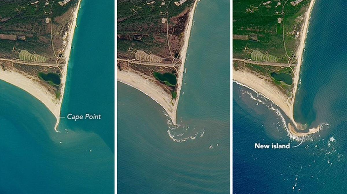 Satellite images reveal a new barrier island forming off the coast of Cape Hatteras National Seashore in North Carolina.