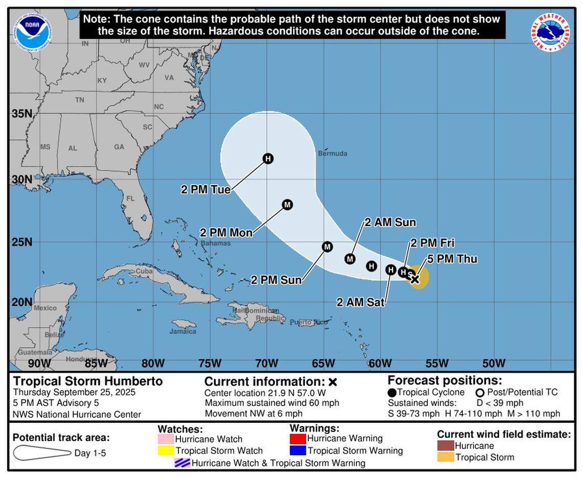 Humberto, a tropical storm as of 5 p.m. Thursday, Sept. 25, was expected to strengthen into a hurricane Friday, Sept. 26.