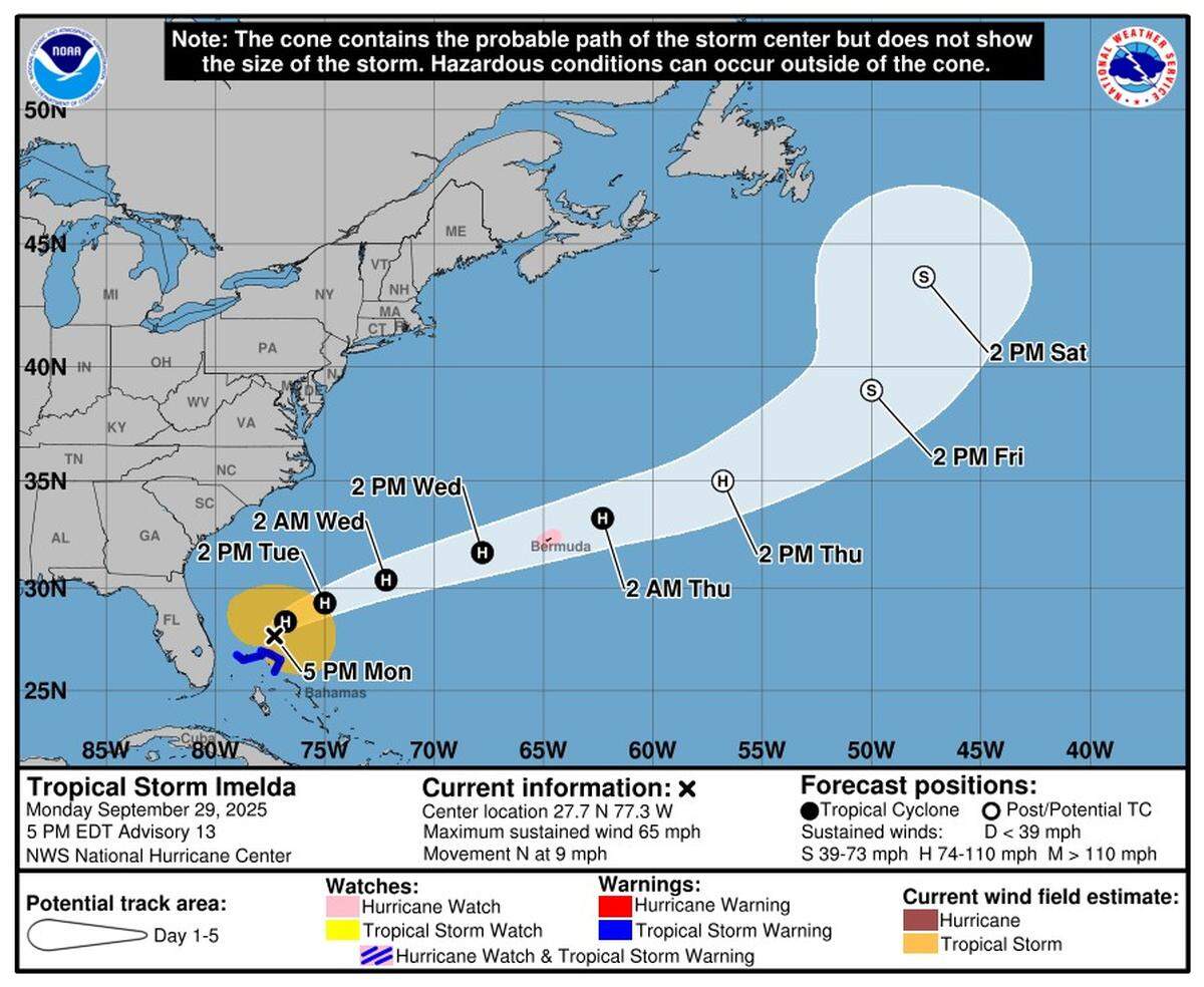 As of 5 p.m. Monday, Sept. 29, Imelda was still a tropical storm, but had strengthened throughout the day and was expected to become a hurricane Tuesday, Sept. 30.