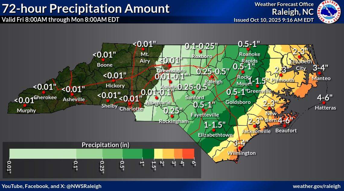 The coastal low will bring heavier rain to eastern parts of North Carolina this weekend, while western areas will remain mostly dry.