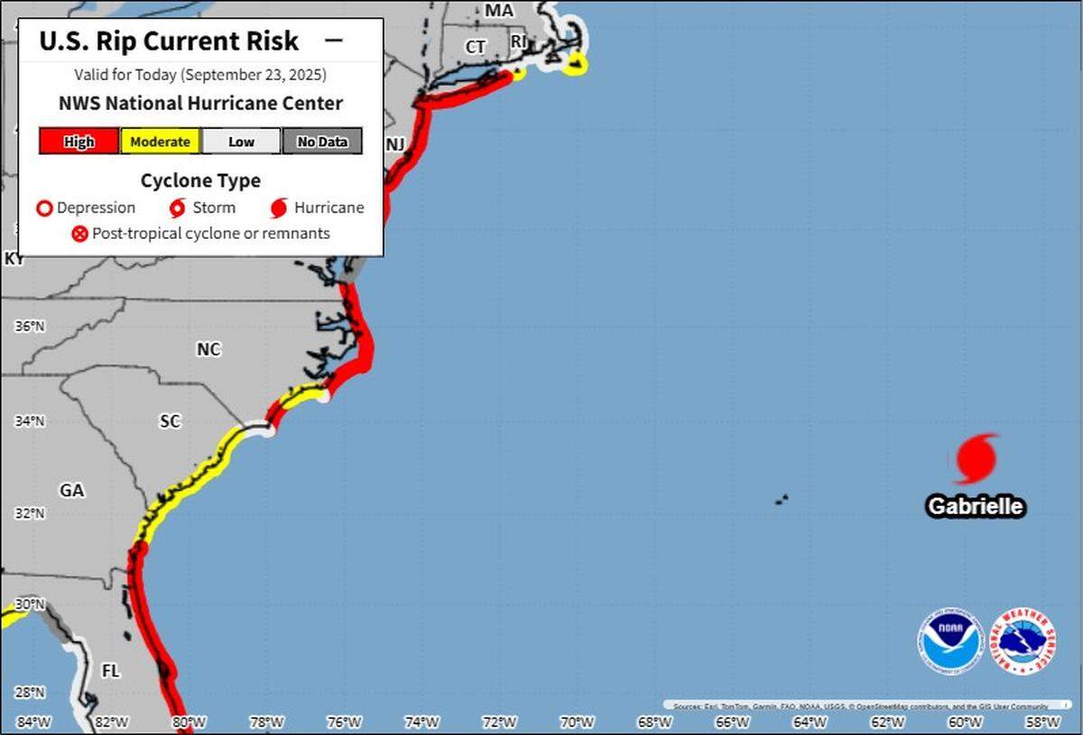 Much of the North Carolina coast, including the Outer Banks, has a high or moderate risk of rip currents on Tuesday, Sept. 23, as Hurricane Gabrielle moves away from the U.S.