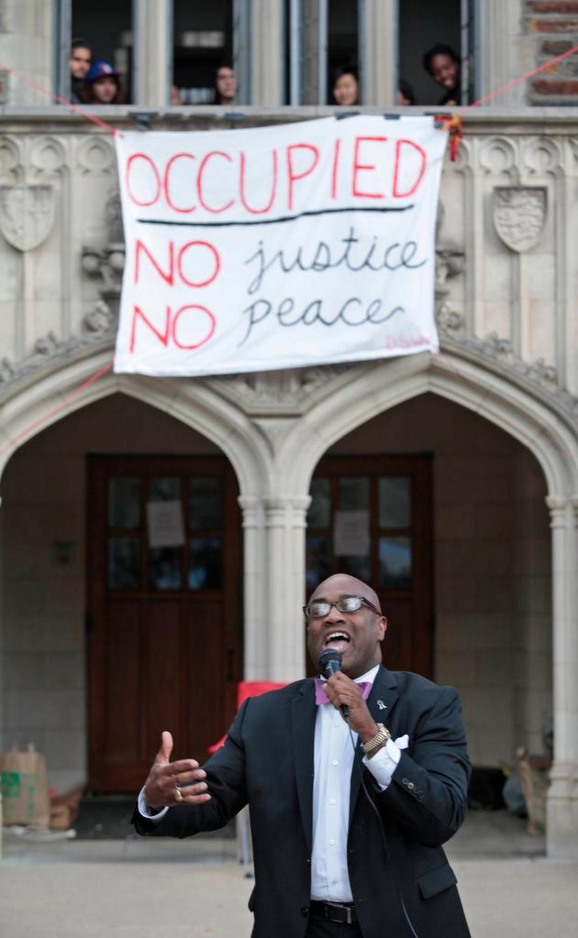 The Rev. Mark-Anthony Middleton of Durham’s Abundant Hope Christian Church spoke outside of the Allen Building during an April 2016 protest at Duke University.