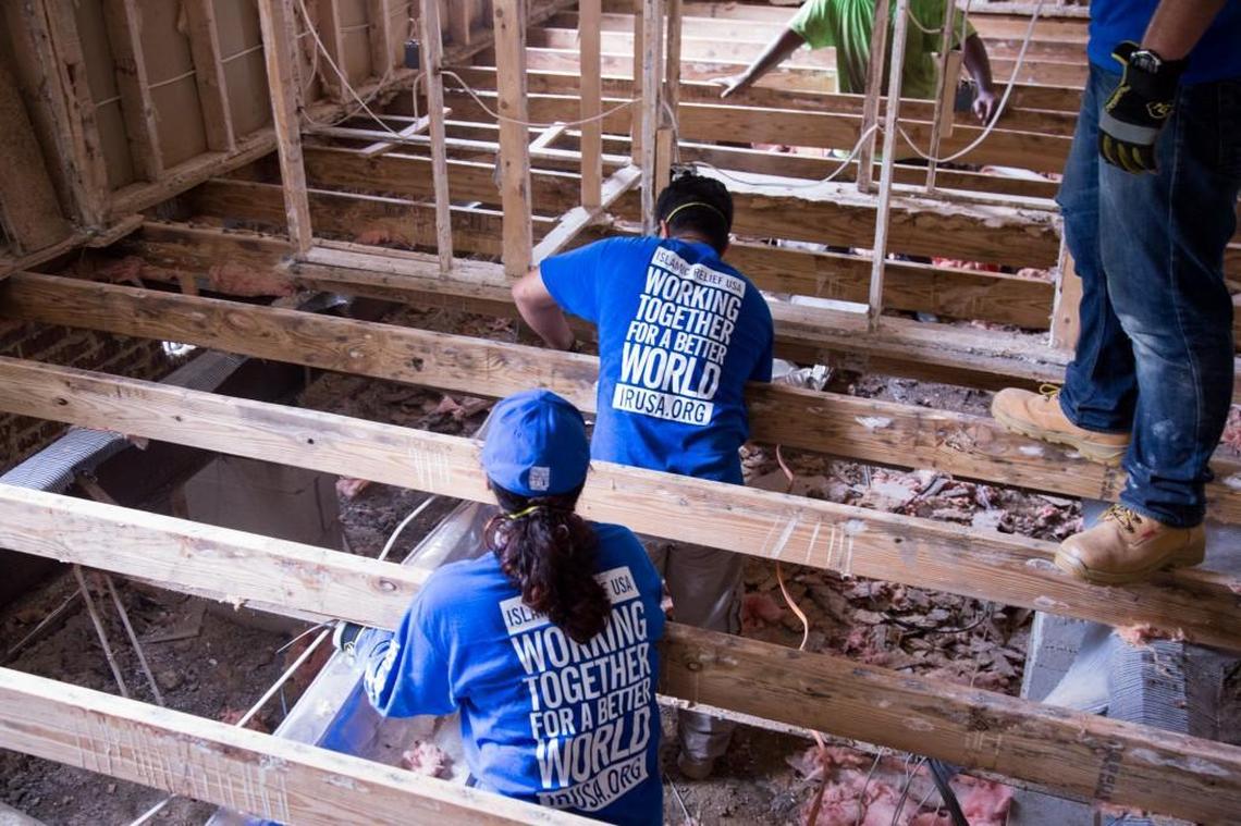Volunteers from Islamic Relief USA work on a “muck-out” in Princeville, N.C., in July 2017. The organization hopes to bring some 250 volunteers to the Princeville-East Tarboro area between August and December 2017 to rebuild homes destroyed by Hurricane Matthew flooding.