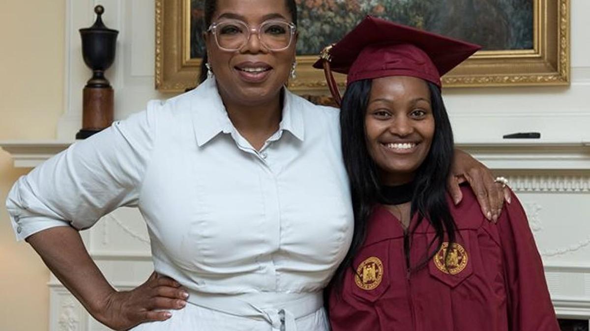 Oprah Winfrey with Nosipho Shangase at Elon University before they attended the school’s baccalaureate program May 19, 2017. Oprah Winfrey was at Elon University to celebrate the graduation of Shangase, an orphan from South Africa who attended the Oprah Winfrey Leadership Academy for Girls.
