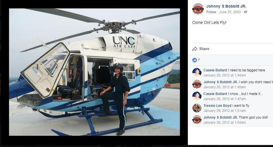 This is a screen shot of a photo Johnny Bobbitt posted on Facebook in August 2009 of himself in front of a Carolina Air Care helicopter, an emergency air and ground transport agency for residents in North Carolina and surrounding states.
