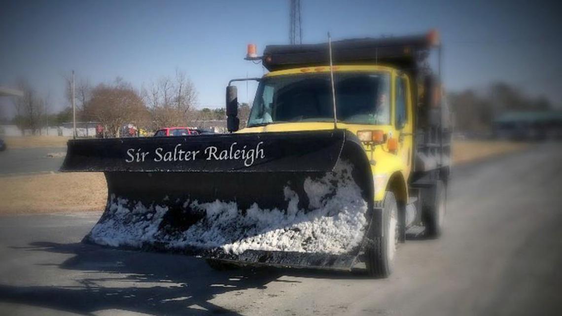 An NC DOT snow plow with the name Sir Salter Raleigh Photoshopped onto it.