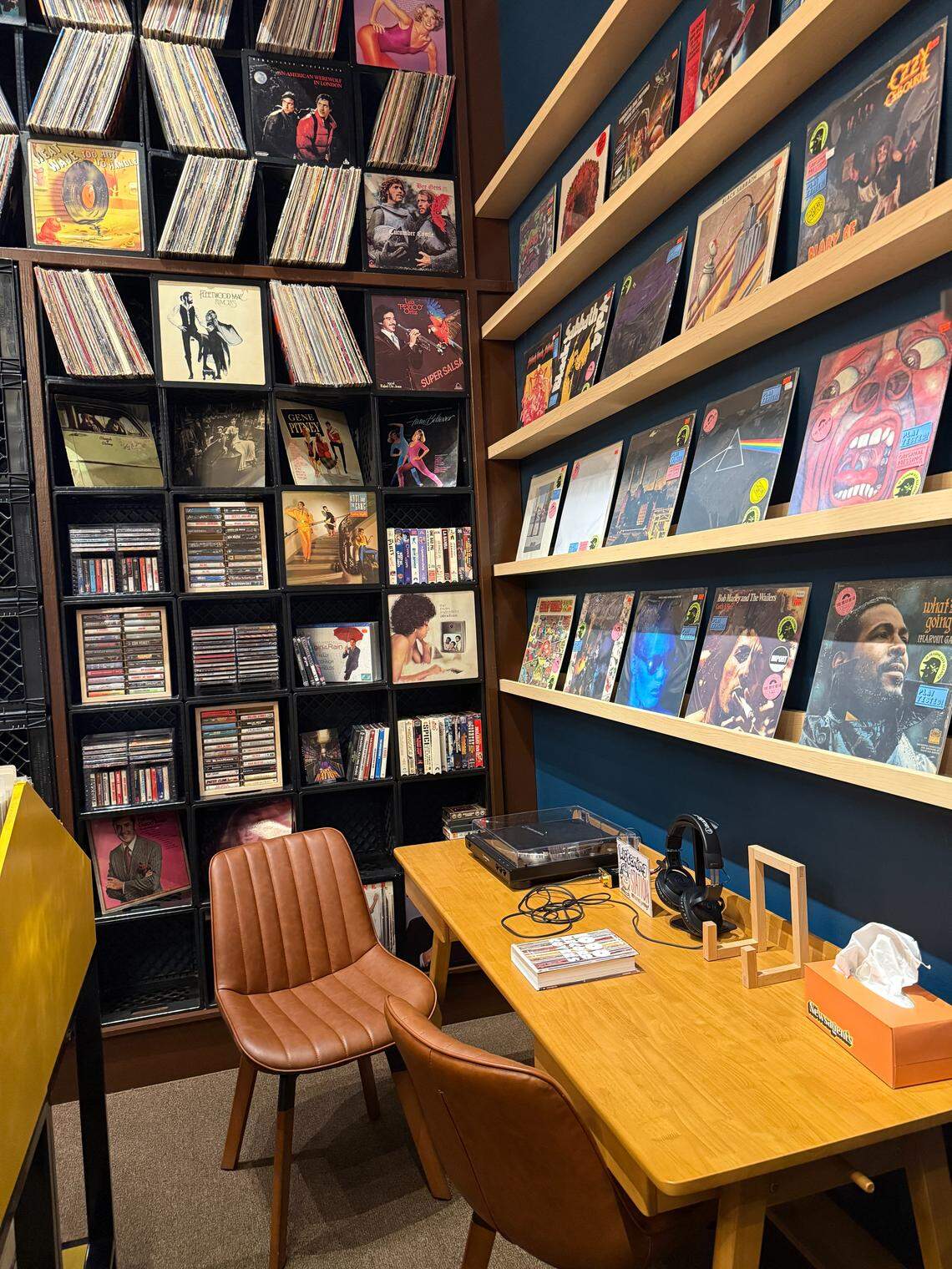 The Newsagent’s sells used vinyl records and offers a listening station, so customers can hear records in store.