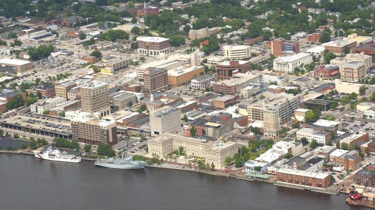 An aerial view of downtown Wilmington in June 2004 along the Cape Fear River.