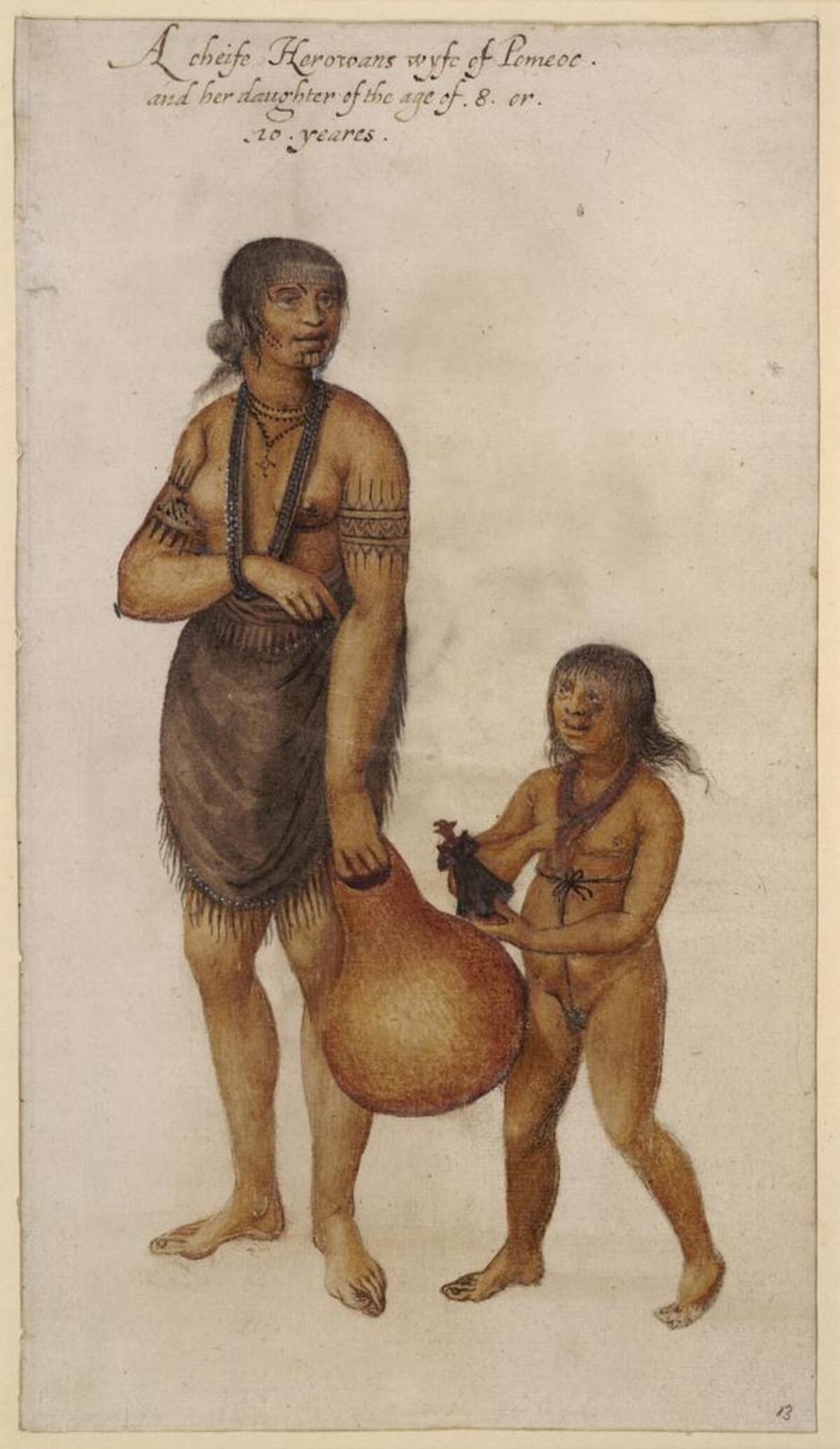 A wife of an Indian werowance or chief of Pomeiooc, and her daughter, by John White. Part of the "Mysteries of the Lost Colony" exhibit coming to the N.C. Museum of History. © Trustees of the British Museum.