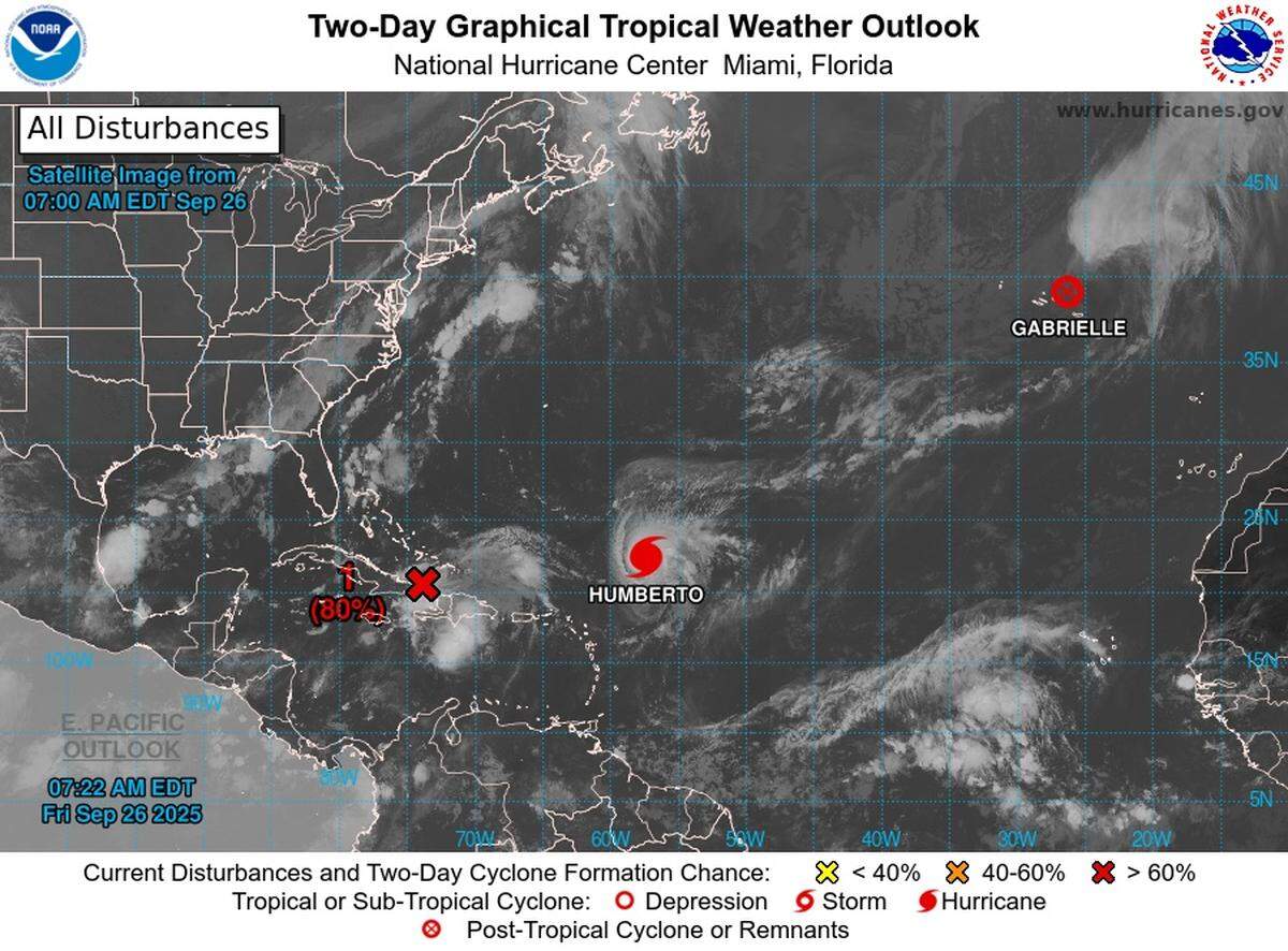 As of Friday morning, Sept. 26, Humberto was a hurricane, and a tropical wave nearby was likely to develop into a tropical depression soon.