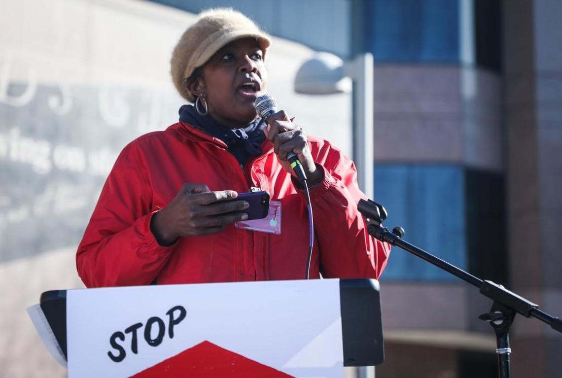 Michelle Burton, who has worked as a librarian for 23 years, addresses the Class Size Chaos Rally crowd on Halifax Mall on January 6, 2017.