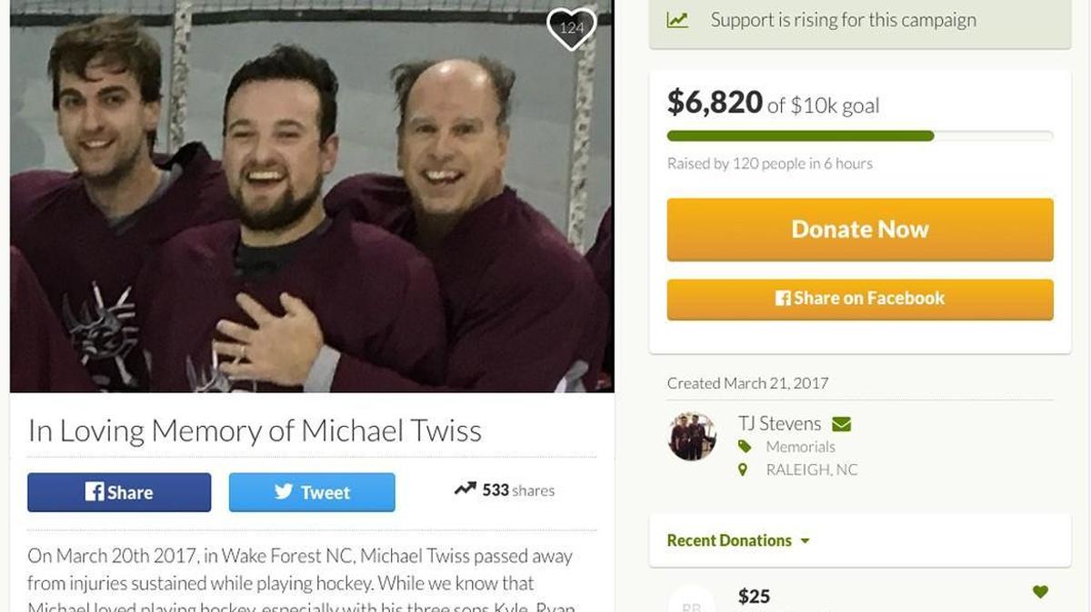 A GoFundMe page was set up for Michael Twiss, 56, who died during an ice hockey game in Wake Forest.