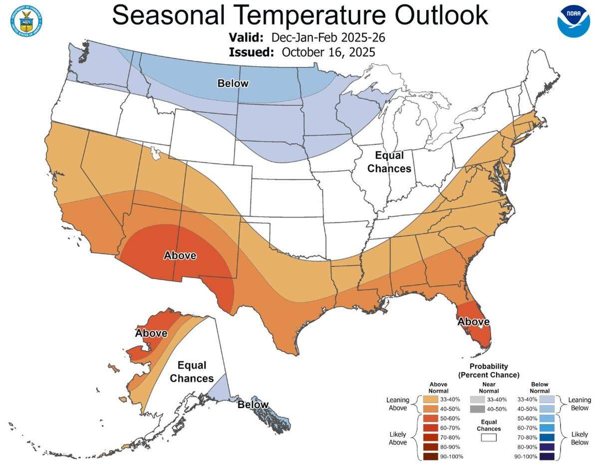 The Climate Prediction Center’s three-month outlook shows a likelihood of above-normal temperatures in North Carolina this winter.