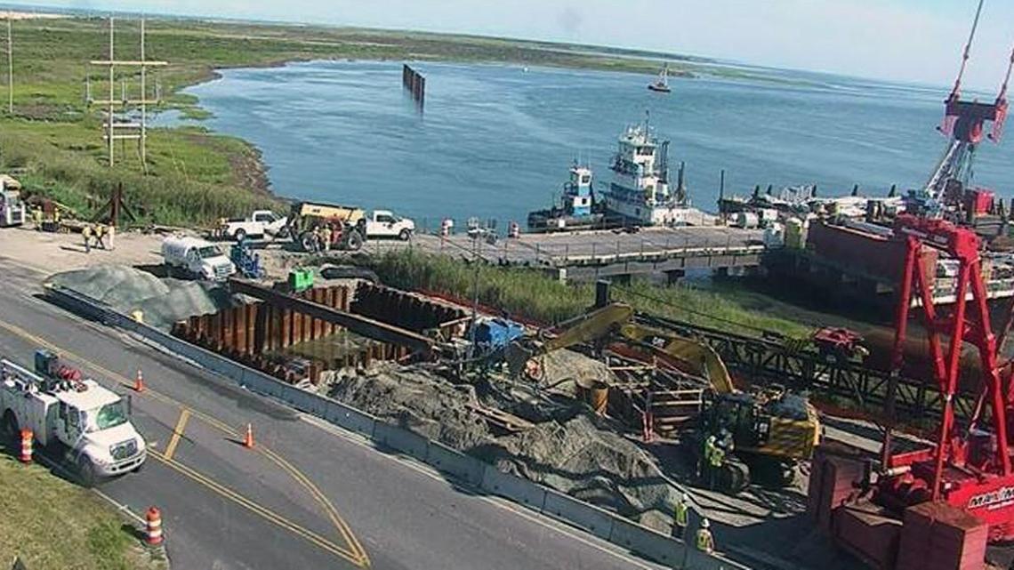 This photo was shot at 5:18 p.m. Tuesday, Aug. 1, 2017, by an N.C. Department of Transportation camera looking south from the Bonner Bridge. Directly in front of the excavator is the trench box crews dug to access the transmission cable damaged Thursday morning, cutting power to Hatteras and Ocracoke islands.