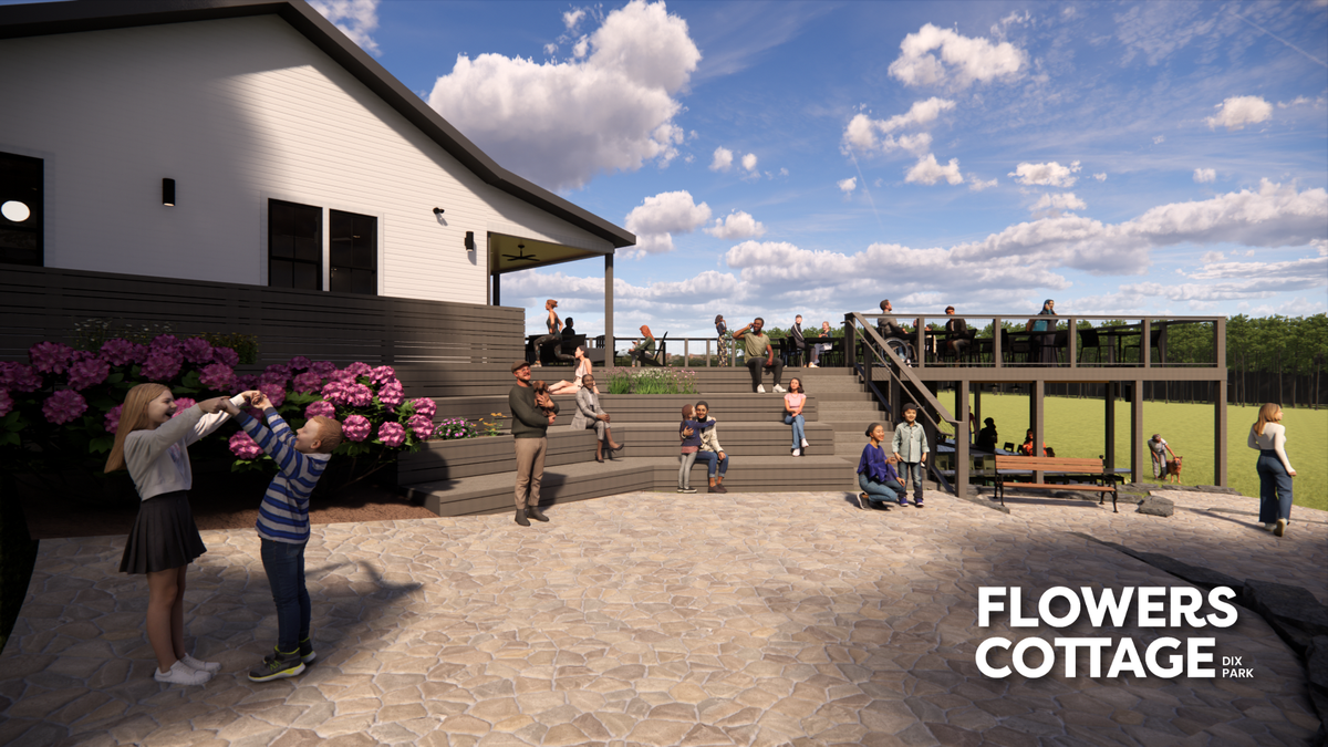 The remodeled Flowers Cottage will feature an open “back yard” adjacent to the Flowers Field, on the west side of Dix Park.