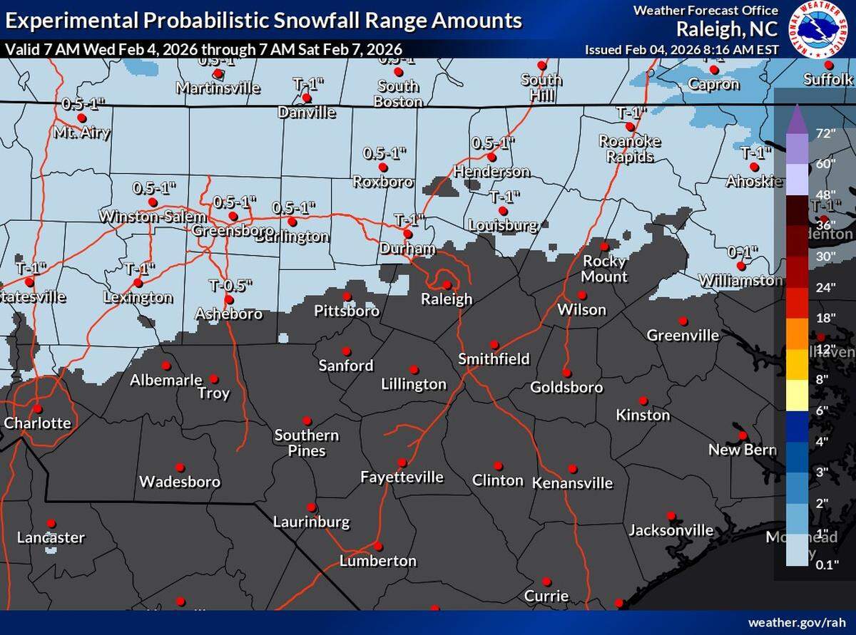 While some areas of the Triangle may see snow, it is not expected to accumulate in places south of Raleigh.