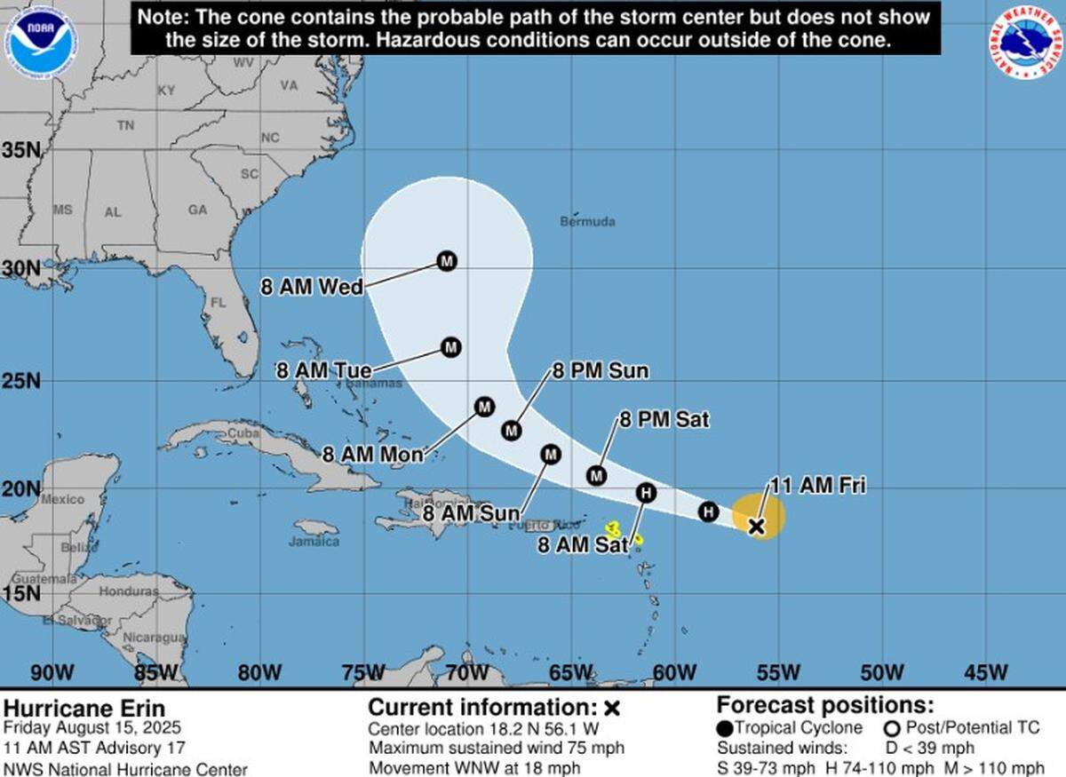 With maximum sustained winds near 75 mph, Erin developed into a hurricane on Friday, Aug. 15.