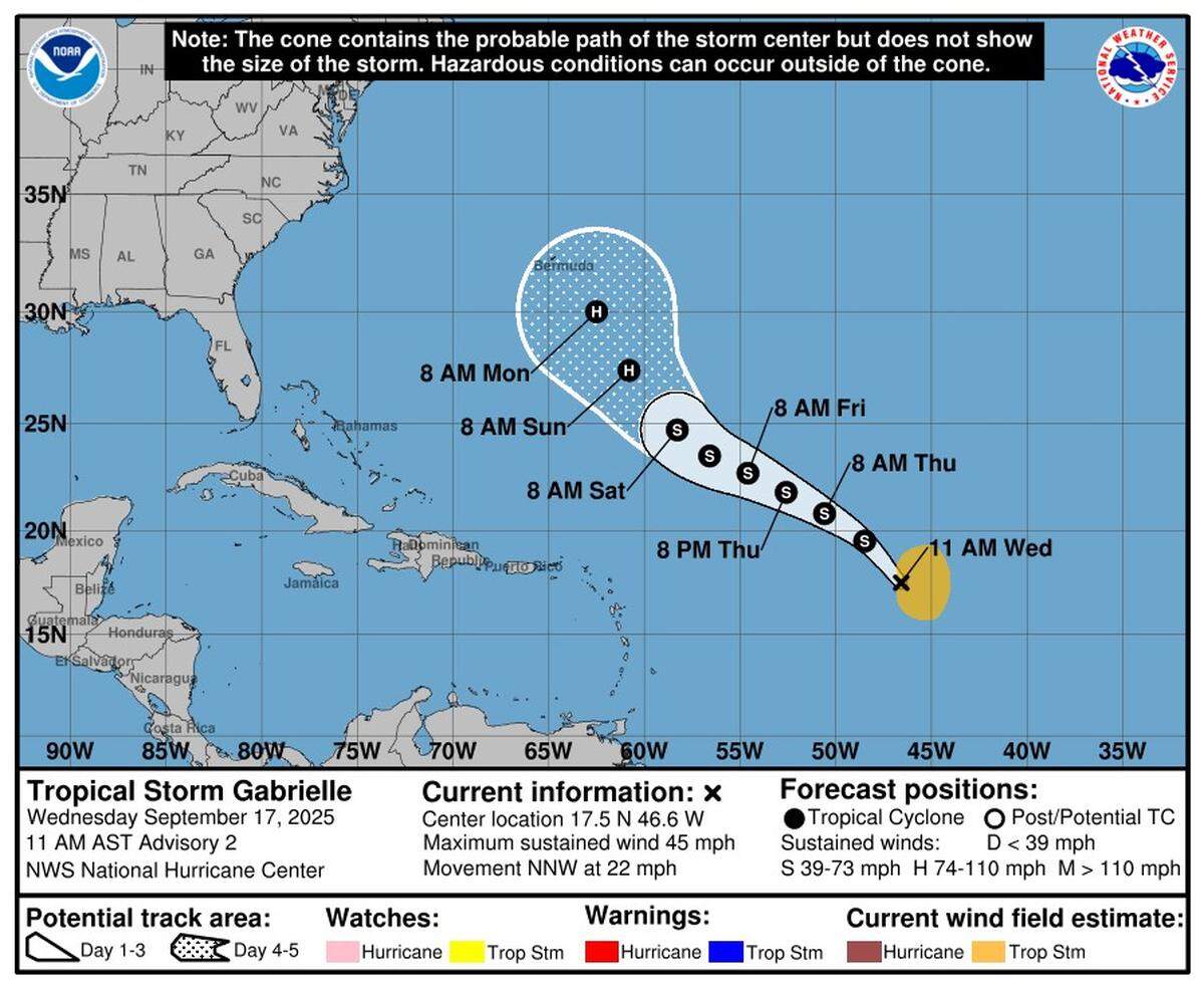 Tropical Storm Gabrielle formed Wednesday, Sept. 17 over the Atlantic Ocean.