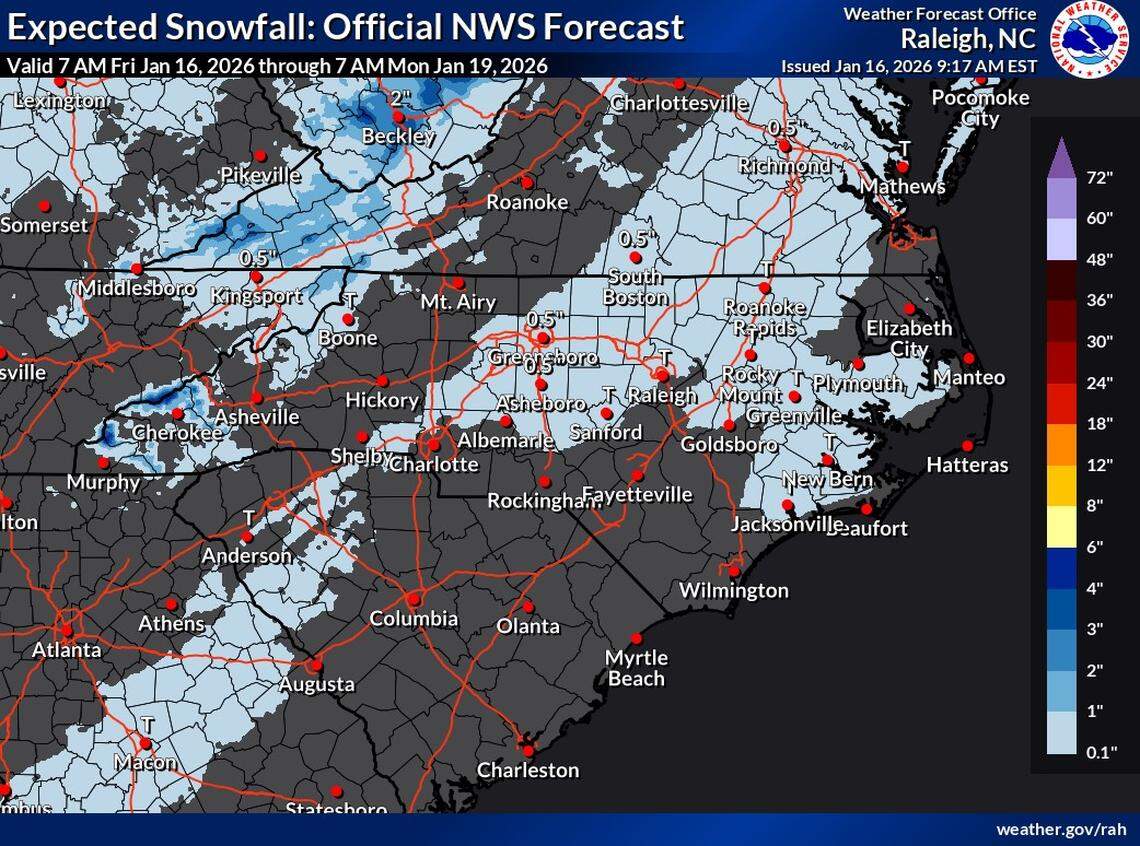 The official National Weather Service forecast for the upcoming snow event includes trace amounts of accumulation in Raleigh.