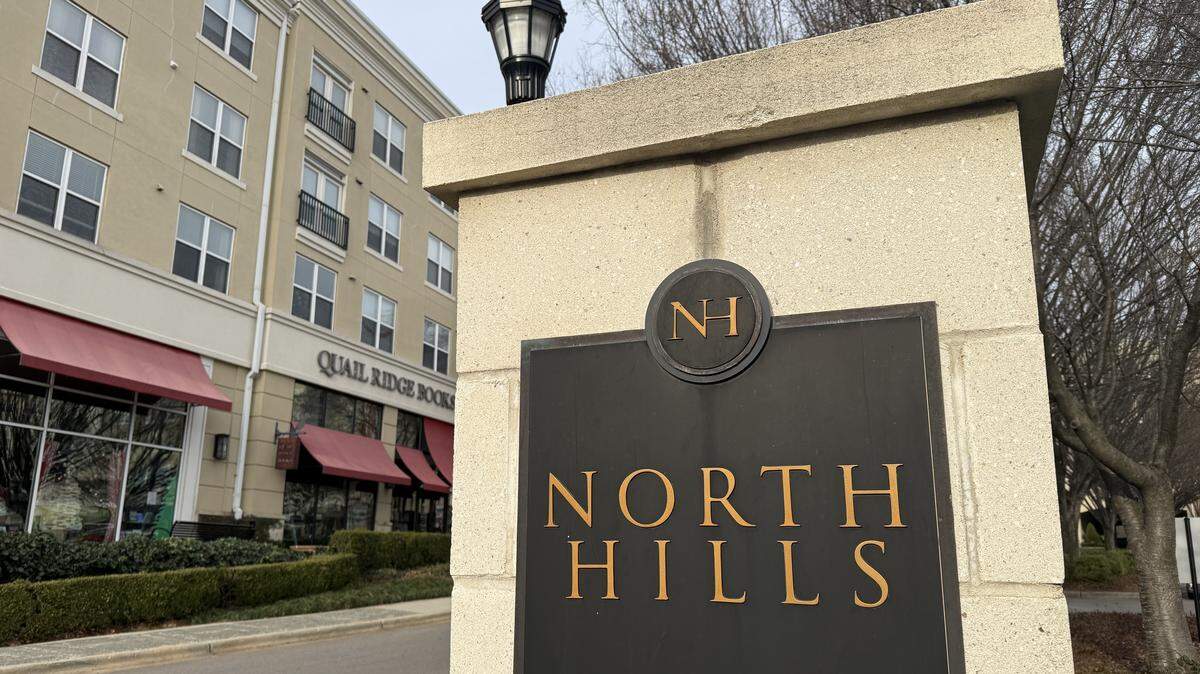 A sign off Lassiter Mill Road at the entrance to the North Hills shopping center in Raleigh, N.C., is photographed on Wednesday, Dec. 17, 2025.