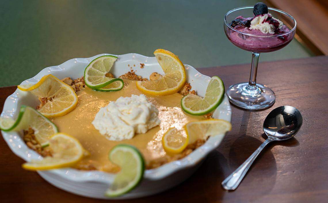 Biddy Thomas will serve a menu that includes homemade desserts. Pictured are Atlantic Beach Pie and Blueberry Fool.