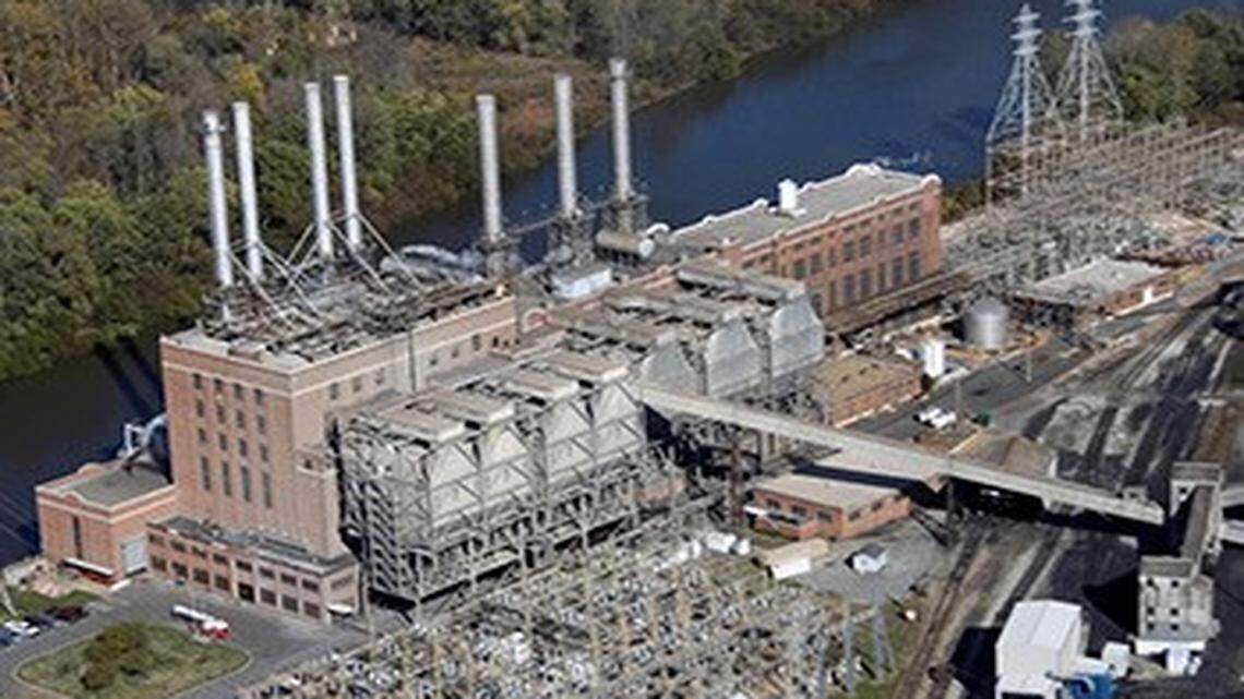 Aerial of Buck Steam Station Rowan County, North Carolina. The coal-fired power plant sits along the Yadkin River.