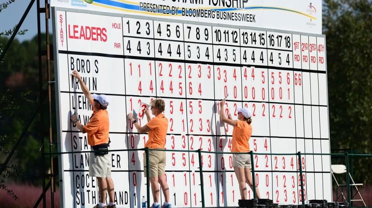 The SAS Championship is Oct. 12-14 at Prestonwood Country Club in Cary. Above, volunteers update the scoreboard at a previous tournament.